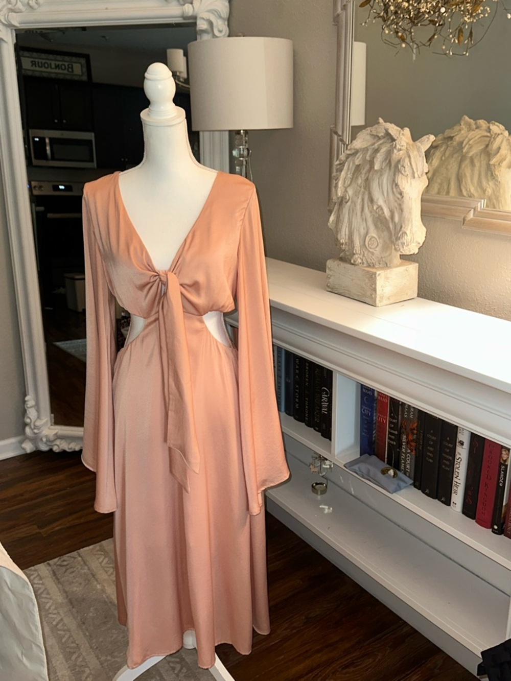 mittoshop Peach Satin Tie-Front Maxi Dress with Bell Sleeves